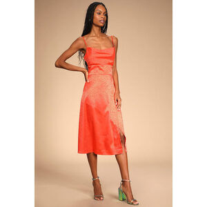 Lulus Fiercely Chic Coral Orange Satin Jacquard Print Cowl Midi Dress - Size L